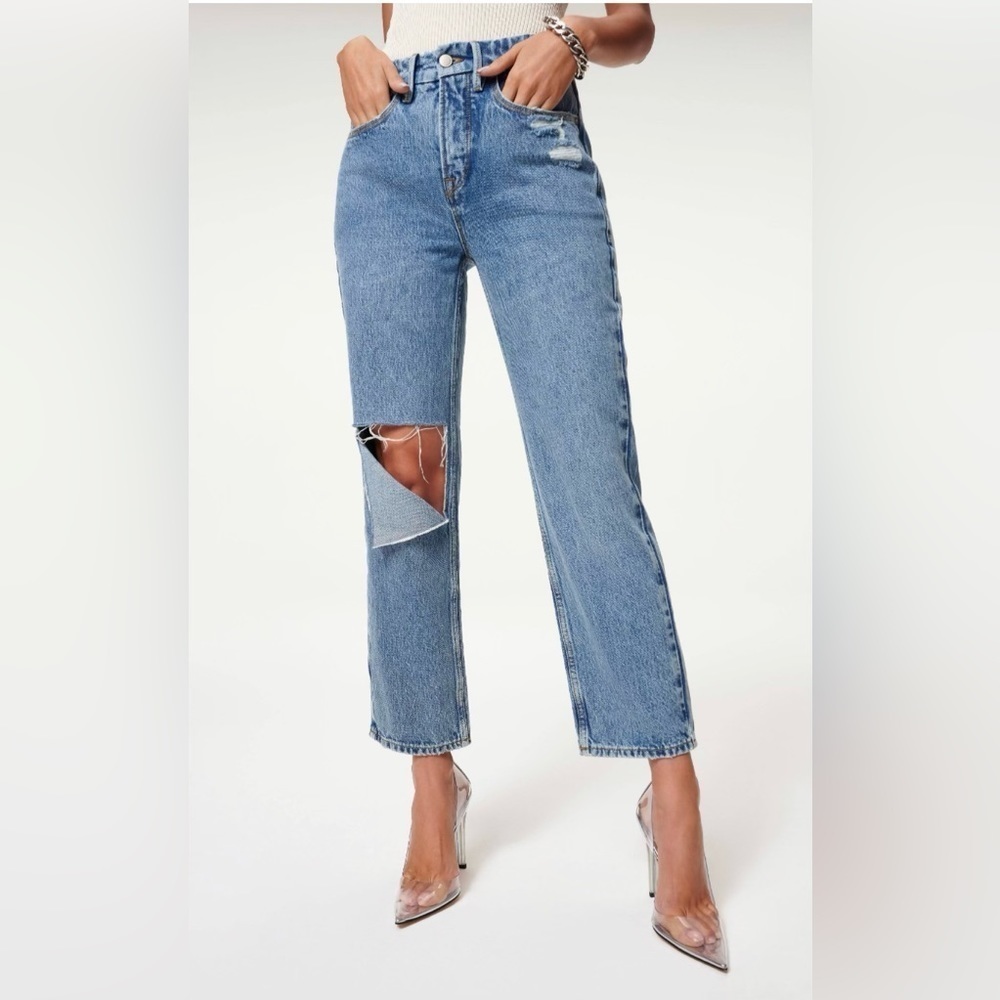 Good American High-Rise Light Blue Distressed Straight Jeans